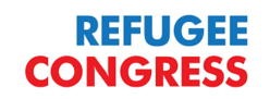 logo of Refugee Congress. Text is all in caps with "REFUGEE" in the color blue on top and below "CONGRESS" in the color red