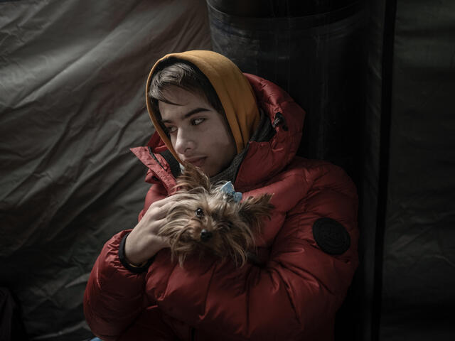 A boy in winter clothes stands in a tent and holds a small dog. 