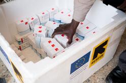 a hand picks medicine packs from a cooling box