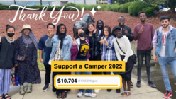 A group of high school students posing for the camera. Graphics added to the image are the words "Thank you!" and a bar graph of our fully met fundraising goal of $10,500.