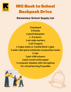 List of elementary school supply items with an illustration of an adult giving school supplies to two children