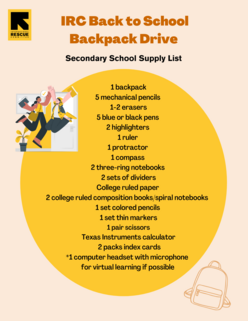 List of secondary school supply items with an illustration of two high school students jumping and cheering
