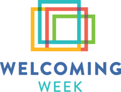 Welcoming Week logo. Image includes blue, red, yellow, and green squares overlapping each other and below is the text "WELCOMING WEEK"