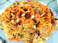 An Afghan rice dish with carrots, raisins, and lamb. 