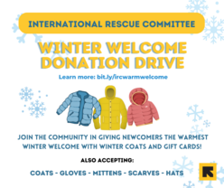Social media graphic with text details promoting IRC Washington's winter coat and gift card drive. Snowflake patterns are in the background of graphic along with an image of three winter coats at the center of graphic