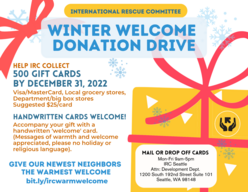 Social media graphic with text details promoting IRC Washington's winter coat and gift card drive. Snowflake patterns are in the background of graphic along with an image of three winter coats at the center of graphic