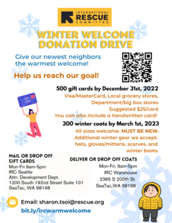 Flyer of IRC Washington Winter Welcome Coat and Gift Card Drive with text details about the drive including the goal of collecting 500 $25 gift cards and 300 winter coats of all sizes. 