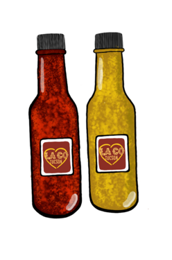 Illustration of two hot sauces sold at La Cocina in collaboration with New Roots Farmers.