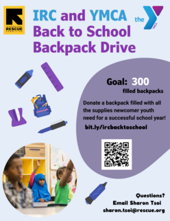 Flyer with information about the IRC Seattle and YMCA of Greater Seattle backpack drive