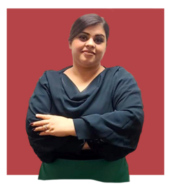 Woman standing in front of a red background