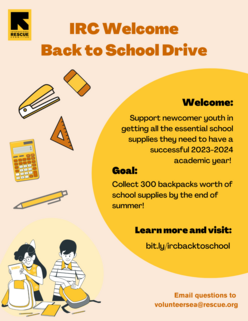 Flyer of IRC Seattle Back to School Backpack Drive for 2023-2024 school year with text including goal of collecting 300 backpacks