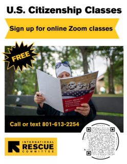Flyer promoting free online citizenship classes via Zoom. Call or text 801-613-2254. Image: woman sitting on a park bench outdoors holding a citizenship prep booklet.