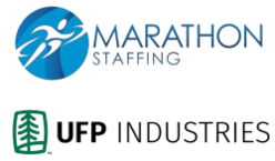 Blue logo that says "Marathon Staffing" above the UFP Industries logo which features a graphic of a pine tree