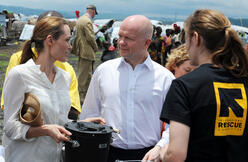 Foreign Secretary William Hague and UNHCR Special Envoy Angelina Jolie at Nzolo displacement camp, near Goma, eastern Democratic Republic of Congo, meeting refugees and the International Rescue Committee.