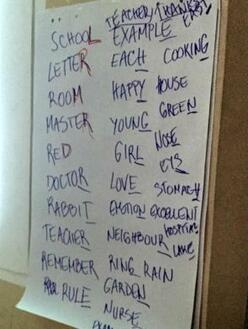 A sheet of paper with words written by a teacher during an English language-learning game with refugee children