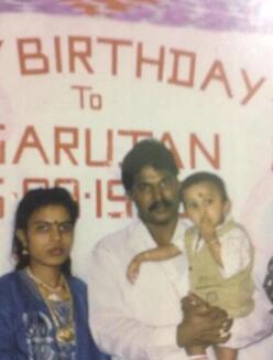 Sarujen, Shanthini and her husband Sivakumar at Sarujen's birthday party in Lebanon.