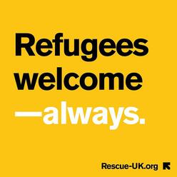 Yellow graphic with the text Refugees Welcome
