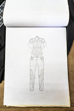 One of Lincy's skateches, showing her design for a jeans and blouse outfit