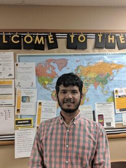 Abdul in the IRC in Dallas lobby ready to start work as a welder.