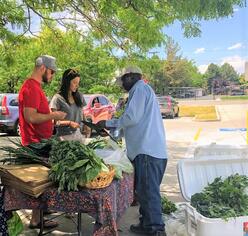 A couple purchasing produce from a New Roots Farmer outside with cars in the background.