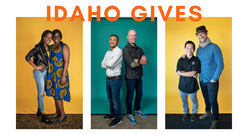 A group of three photos, each with a pair of people posing together, two against a vibrant yellow backdrop, the middle one against a teal backdrop. Across the top, the words, “Idaho Gives” are written in bold, orange letters. In the first picture, a mothe