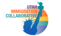 Logo of the Utah Immigration Collaborative, an outline of the Statue of Liberty surrounded by a circle that's filled in with a rainbow gradient. 