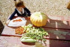 A child sits outside at a table with fresh vegetables