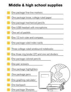 A checklist of middle and high school supplies