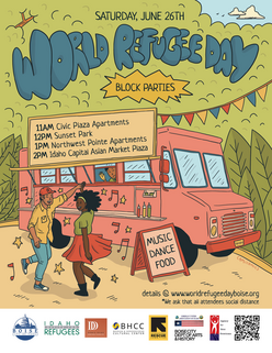 A colorful illustration of two people dancing in front of a food truck. At the top, it says "World Refugee Day" in big, blue, bubble letters.In smaller letters, it says, "Saturday, June 26th, and below the schedule in a sign on the food truck.
