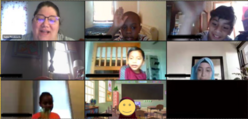 A screenshot of a virtual classroom with eight students featured. The panel is divided into 9 boxes. One box shows the teacher, the other eight boxes are of students. The usernames of the students are also blocked. 