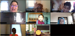 A screenshot of a virtual classroom with eight students featured. The panel is divided into 9 boxes. One box shows the teacher, the other eight boxes are of students. The usernames of the students are also blocked.