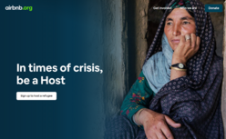 Screenshot of Airbnb.org page for refugees featuring Airbnb.org logo and text reading "In times of crisis, be a host." and "Sign up to host a refugee."