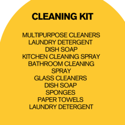 Yellow graphic with cleaning kit items listed.