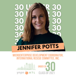 A graphic featuring a headshot of Jennifer Potts and her job title, a logo for YNPN ATL, and a light green background with "30 UNDER 30" repeated down the image.