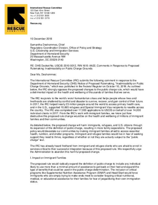 Irc Comments IRC comment opposing proposed changes to the public charge rule | The IRC
