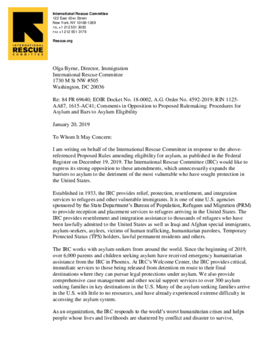 Irc Comments IRC comment opposing proposed expansion of asylum bars | The IRC