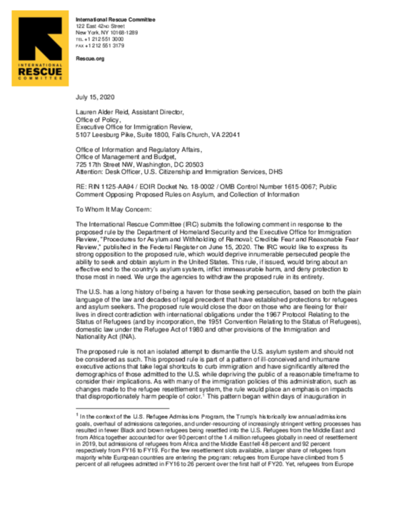 Irc Comments IRC comment opposing harmful proposed changes to the U.S. asylum system ...