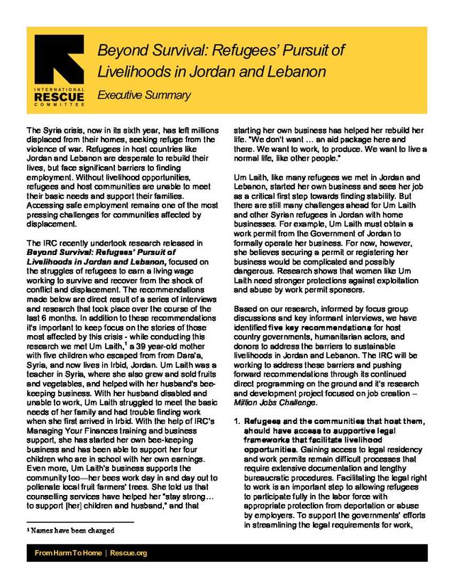 Policy Brief Beyond Survival Refugees Pursuit Of Livelihoods In