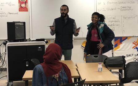 Milad Hosseini-Mozari, a Utah artist, teaches New Americans in Action students about sound collage. Milad Hosseini-Mozari, a Utah artist, teaches the International Rescue Committee's New Americans in Action student group about sound collage.