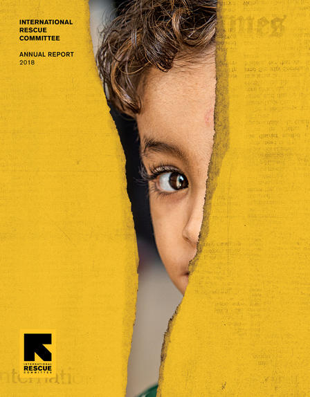 IRC Annual Report 2018 cover, showing a refugee child's face