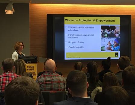 Speakers Bureau members at the IRC in Salt Lake City can present on a variety of topics. Women's Empowerment presentation, presented by Pam, to a group of people.