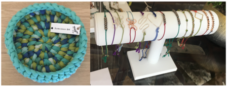 Zubaidah is proud of her work and loves sharing her culture with the community. Bar of crafted bracelets and handmade baskets on display.