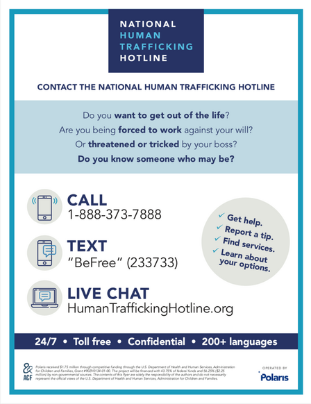 National Trafficking Hotline reporting tips. 