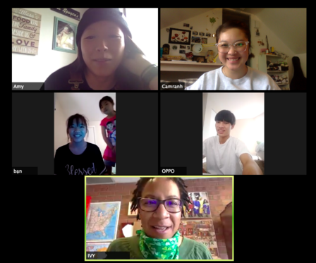 Online Youth Tutors support students virtually. A screenshot of Amy, an Online Youth Tutor with the IRC in Salt Lake City having an online meeting with students