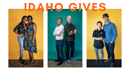 Idaho Gives 2021 A group of three photos, each with a pair of people posing together, two against a vibrant yellow backdrop, the middle one against a teal backdrop. Across the top, the words, “Idaho Gives” are written in bold, orange letters. In the first picture, a mothe