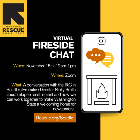 Fireside Chat: November 18th, 12pm-1pm, on Zoom. A black and yellow graphic, with details on the event including date, time, and description.