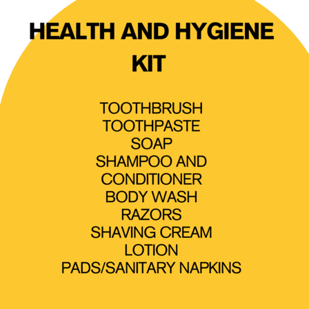 Yellow graphic with health kit items listed.