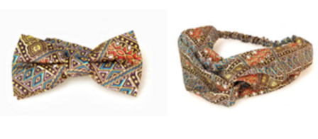 Bowtie and knotted fabric headband made with the same colorful print by Kofy's collection.