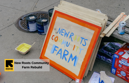 new roots community farm sign in the making with yellow paint and gloves on the side