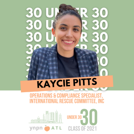 A graphic featuring a headshot of Kaycie Pitts and her job title, a logo for YNPN ATL, and a light green background with "30 UNDER 30" repeated down the image.